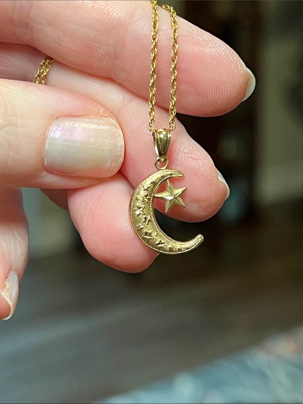 10k Solid Gold Crescent Moon with Stars Pendant Charm Gold Filled Chain Necklace